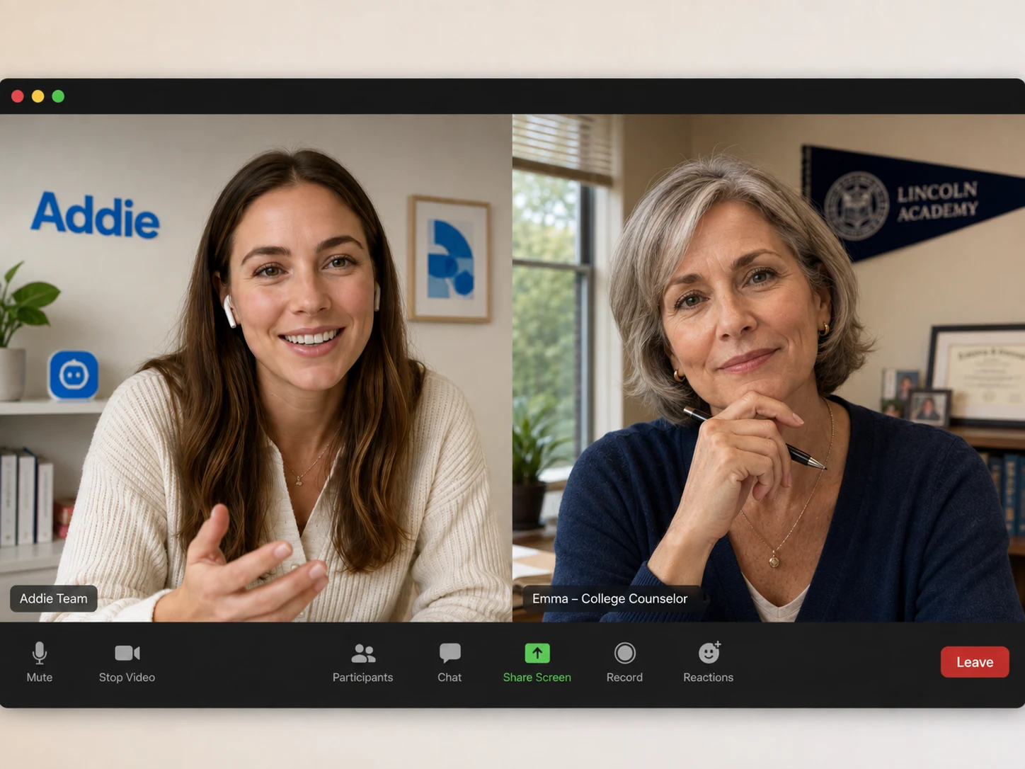 Addie team member guiding an experienced college counselor through a pilot onboarding video call